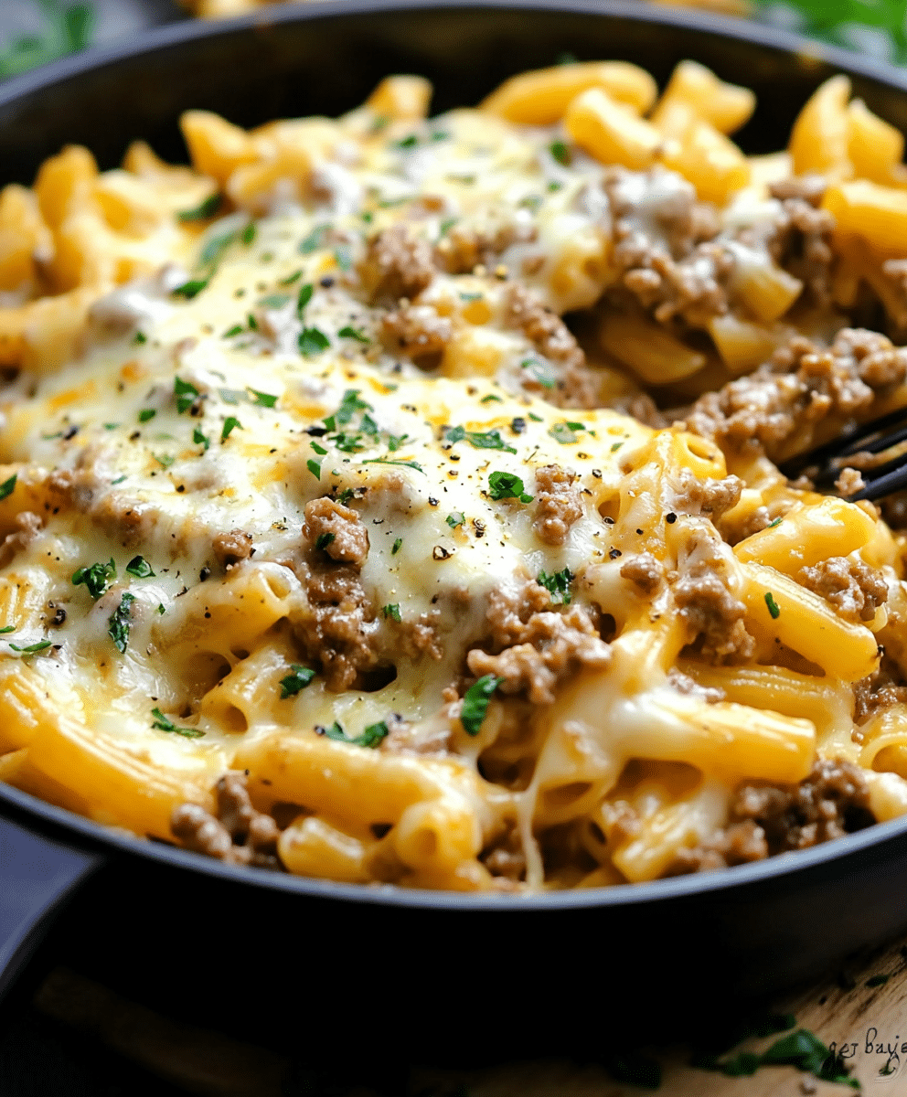 Cheesy Ground Beef Pasta Skillet Recipe - sandyrecipes.com