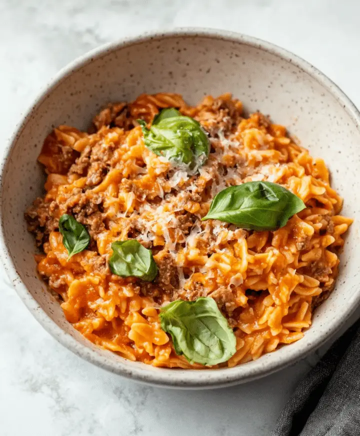 Ground Beef Orzo With Tomato Cream Sauce Recipe - sandyrecipes.com