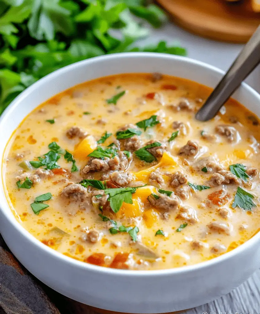 The Best Cheeseburger Soup Recipe - sandyrecipes.com